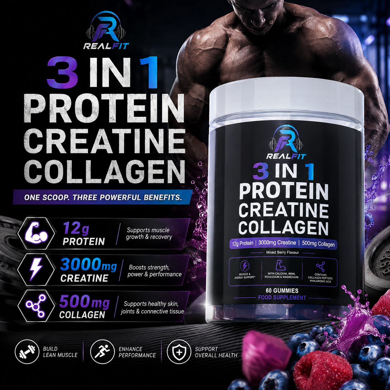 Real Fit 3 in 1 Gummies | All in One Fitness Supplement! Protein Creatine & Collagen